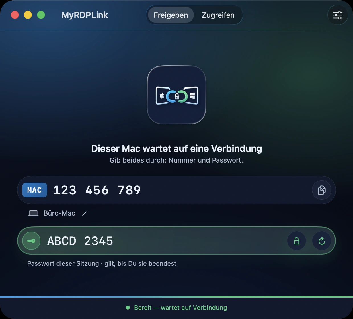 Freigeben: der Mac wartet und zeigt seine Nummer und das Passwort dieser Sitzung.