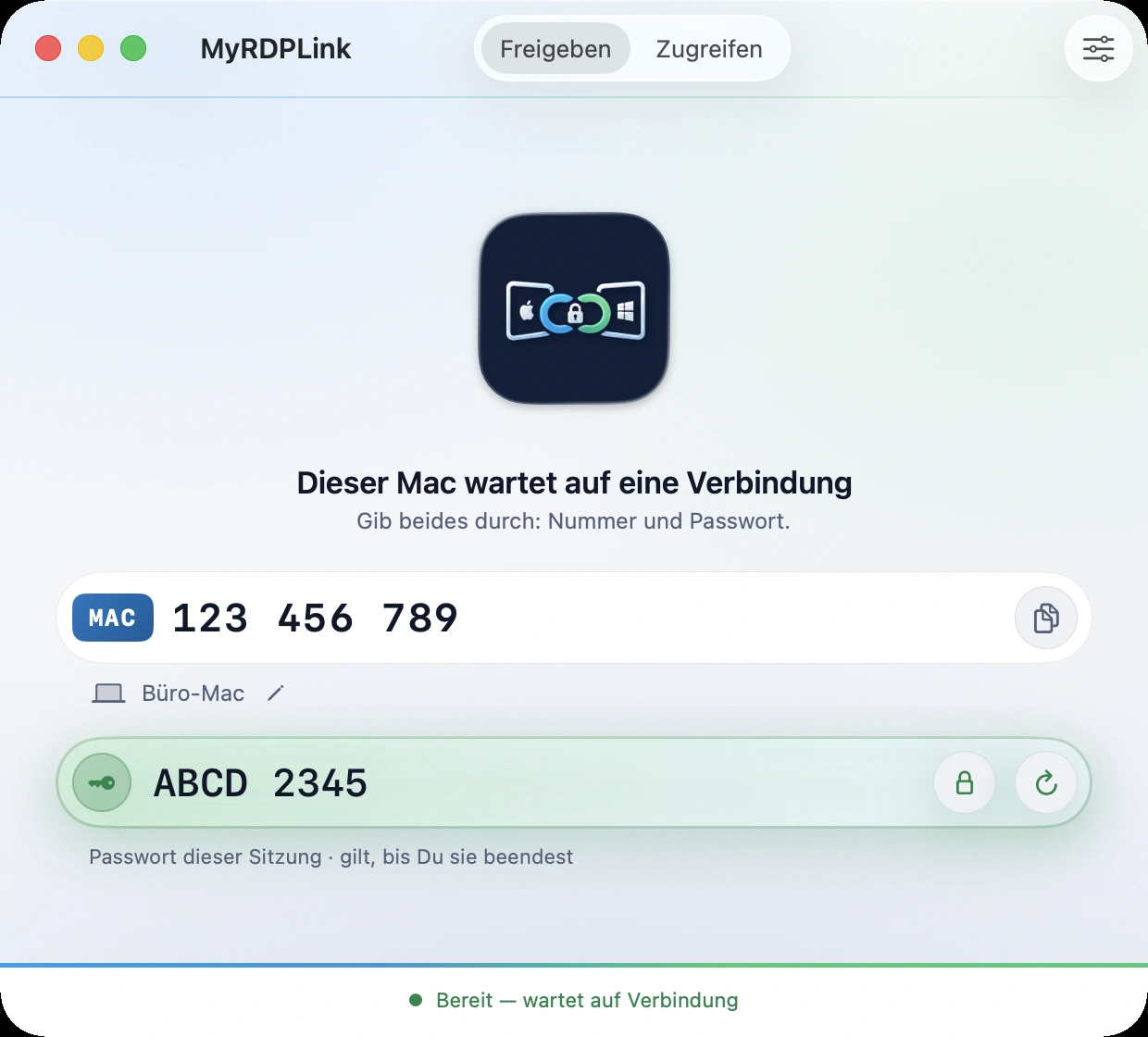 Mac-App, Ansicht Freigeben: Der Mac wartet auf eine Verbindung und zeigt seine Ger&auml;tenummer sowie ein gr&uuml;nes Feld mit dem Sitzungspasswort.