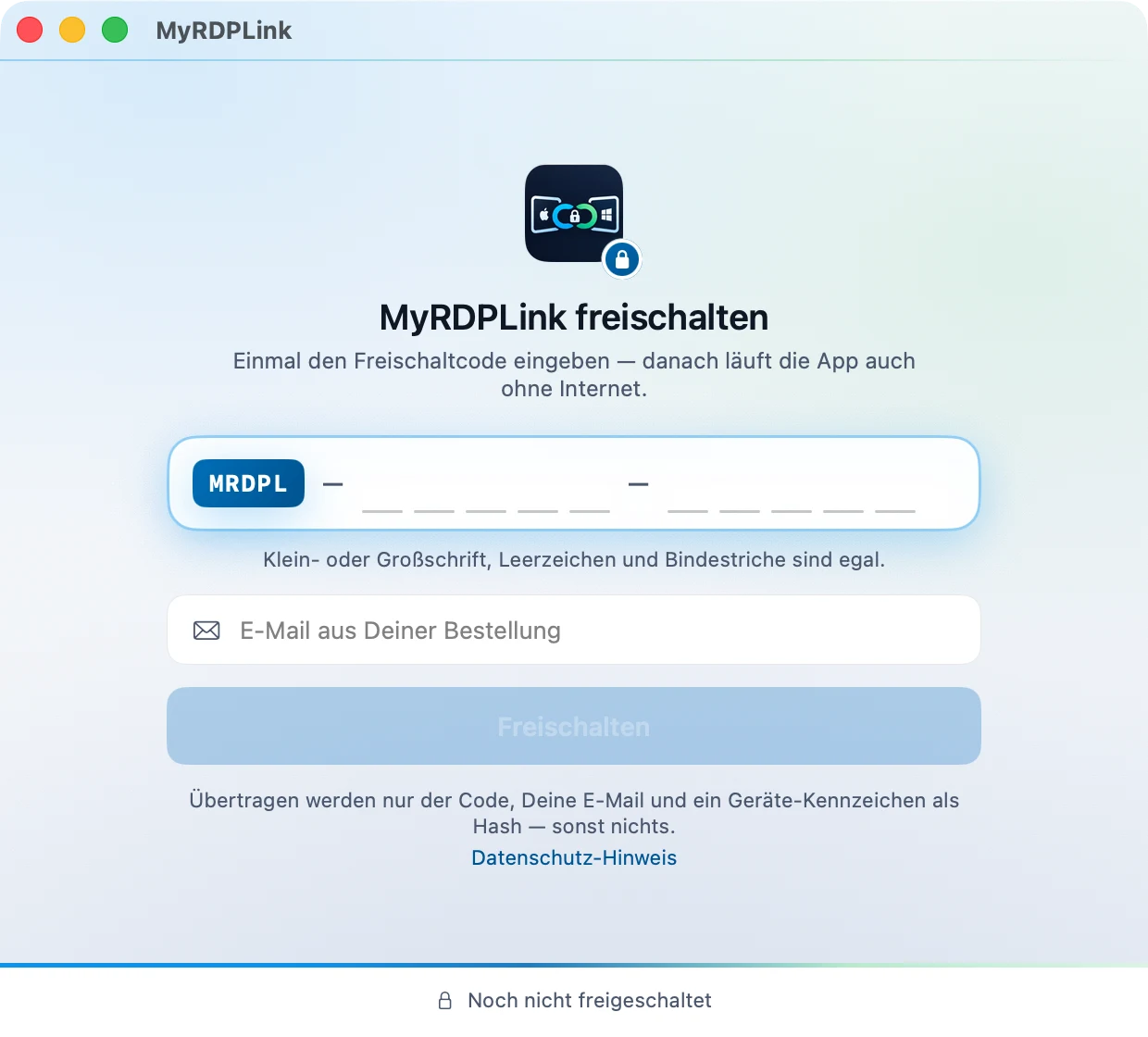 Aktivierungsfenster der Mac-App: App-Symbol mit Schloss, &Uuml;berschrift &bdquo;MyRDPLink freischalten&ldquo;, ein Codefeld mit der Vorsilbe MRDPL und zehn leeren Stellen, darunter das E-Mail-Feld und der Knopf &bdquo;Freischalten&ldquo;.