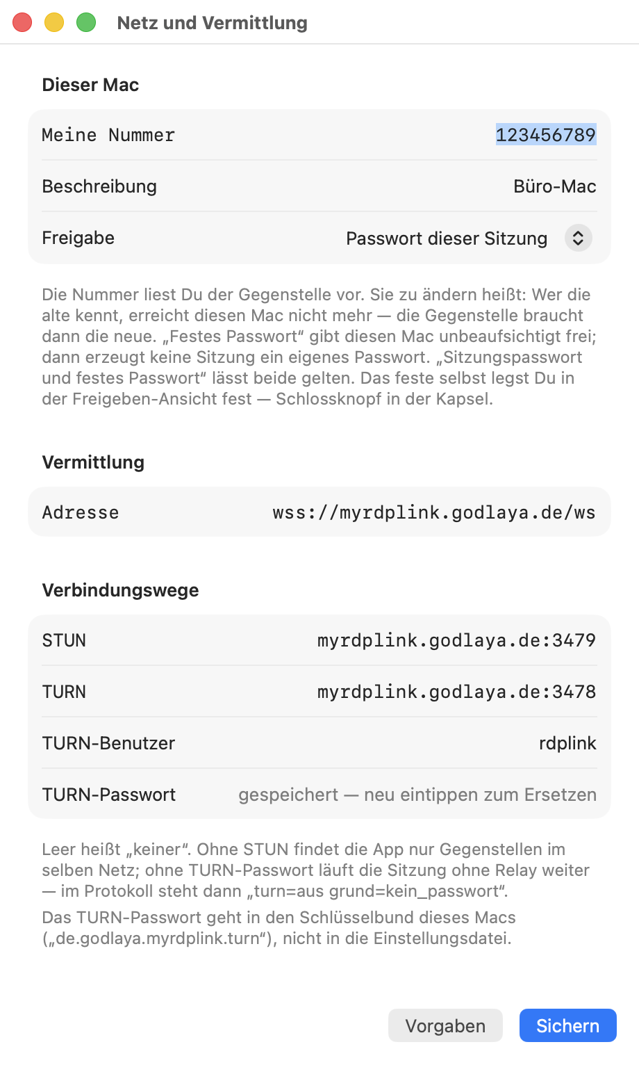 Mac-App, Netzeinstellungen: Adresse der Vermittlung, TURN-Relay und die Wahl der Freigabeart untereinander in einem Blatt.