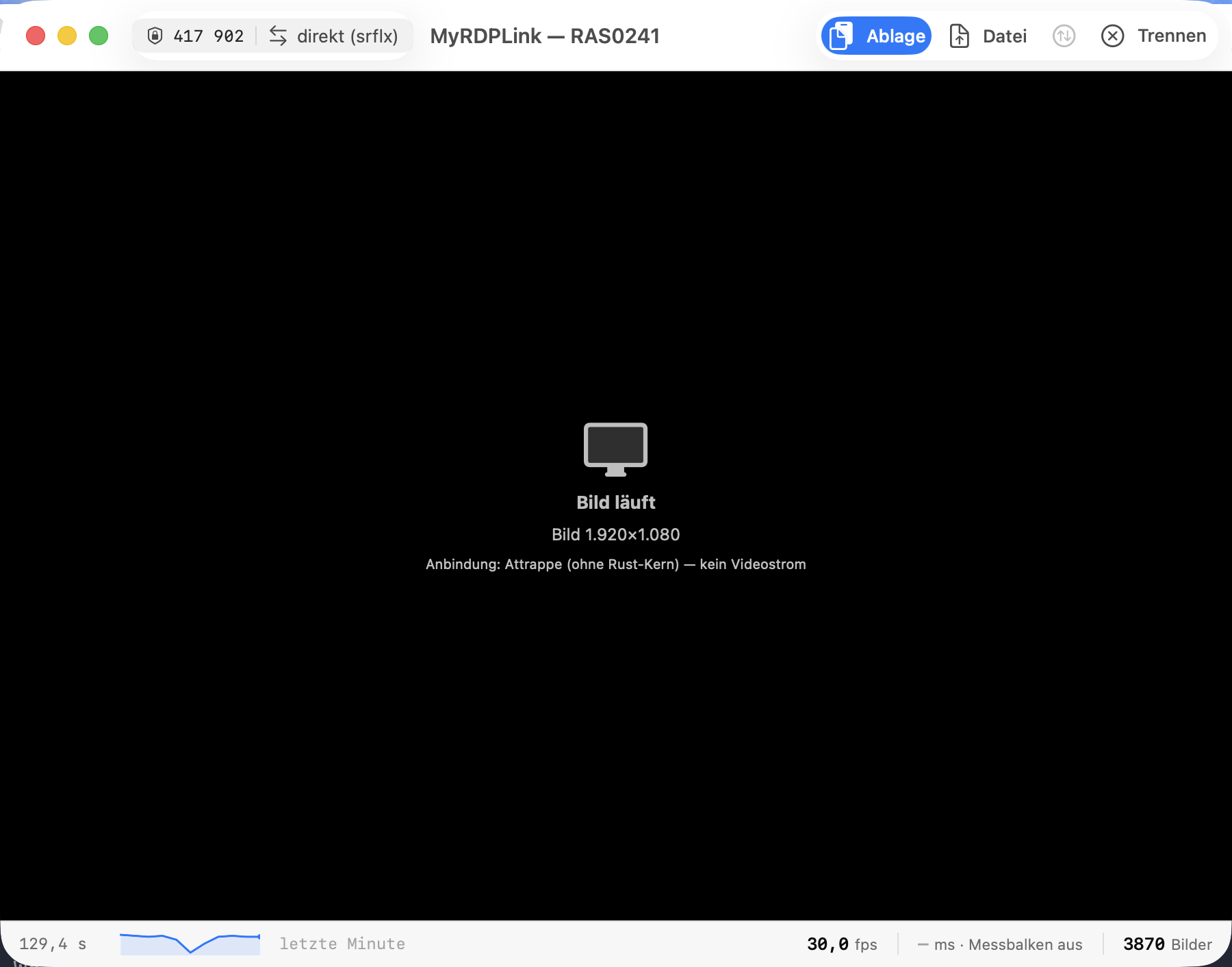 Mac-App, laufende Sitzung: Werkzeugleiste oben, unten eine Fu&szlig;leiste mit Bildrate und Verlauf. Die Bildfl&auml;che ist schwarz, weil das Foto aus der Attrappe ohne Videostrom stammt.