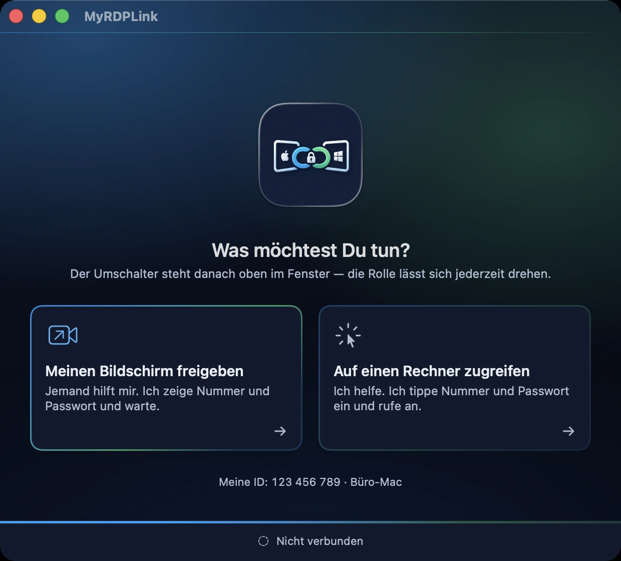 Startfenster der Mac-App mit den beiden Karten &bdquo;Freigeben&ldquo; und &bdquo;Zugreifen&ldquo;.
