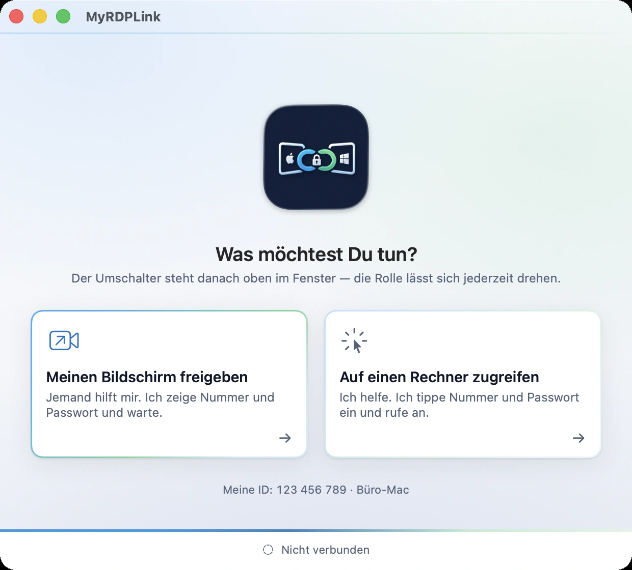 Mac-App beim Start: zwei gro&szlig;e Karten nebeneinander, Freigeben und Zugreifen.