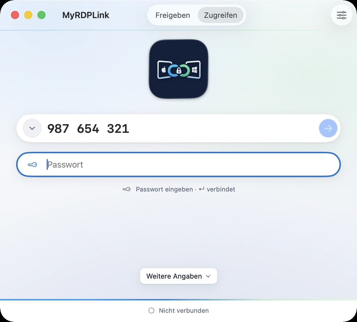 Mac-App, Ansicht Verbinden: Feld f&uuml;r die Nummer des Ziels, darunter das Passwortfeld und der Knopf zum Anrufen.