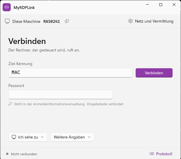Fenster der Windows-App: &bdquo;Diese Maschine RAS0241&ldquo;, darunter Ziel-Nummer und Passwortfeld.